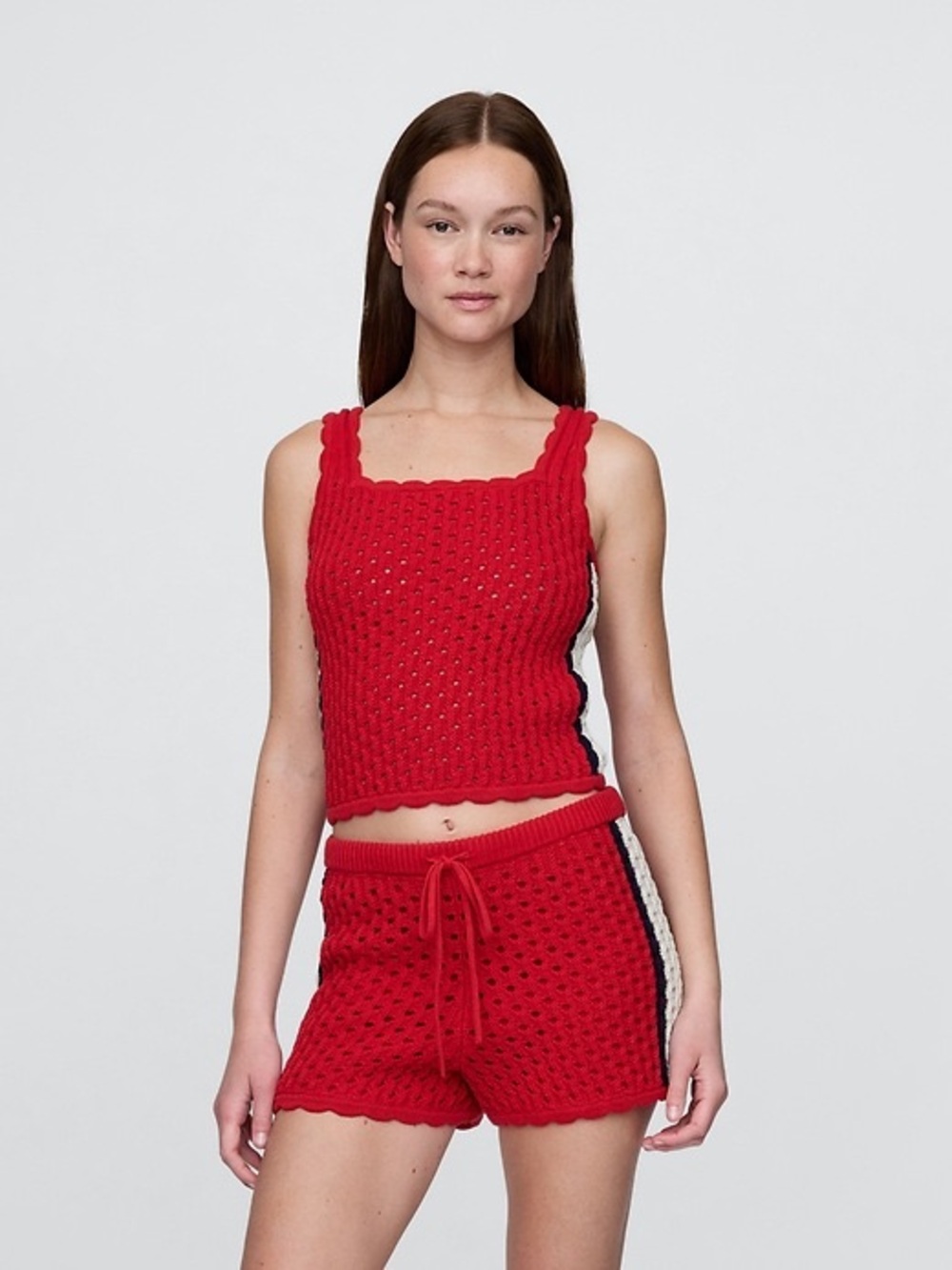 GAP Red Crochet Knit Shorts Set with Navy and Cream Trim 100% cotton